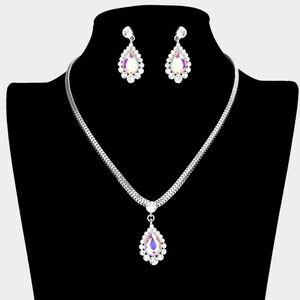 Silver Ab Teardrop Pendant Crystal Necklace Set Earrings Formal Bling Jewelry